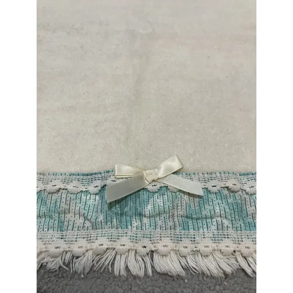 Cannon Bath Hand Towel Cream Fringe Lace Trim Aqua Ribbon Accent Cotton Vintage